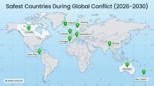 Map showing the safest countries if World War 3 happens including Iceland, New Zealand, Switzerland, Canada, Portugal, Australia, Norway, Bhutan and Costa Rica