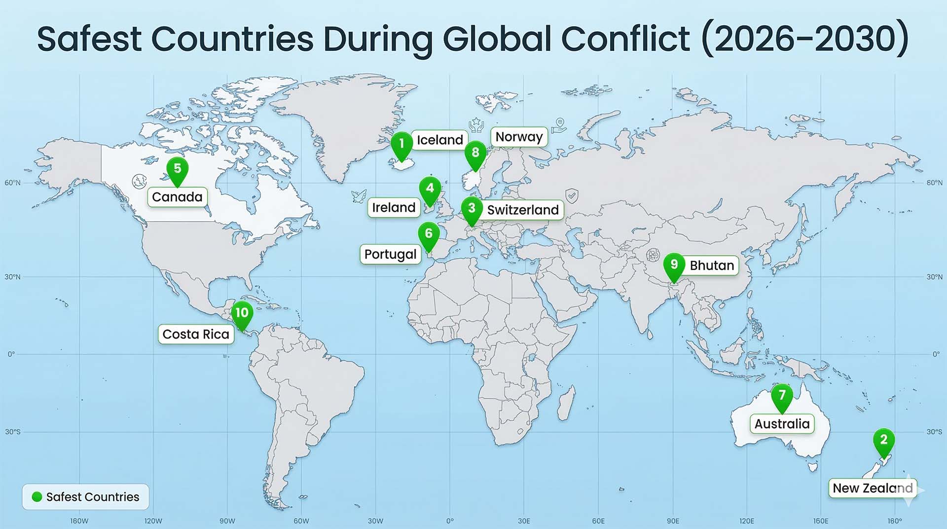 Map showing the safest countries if World War 3 happens including Iceland, New Zealand, Switzerland, Canada, Portugal, Australia, Norway, Bhutan and Costa Rica