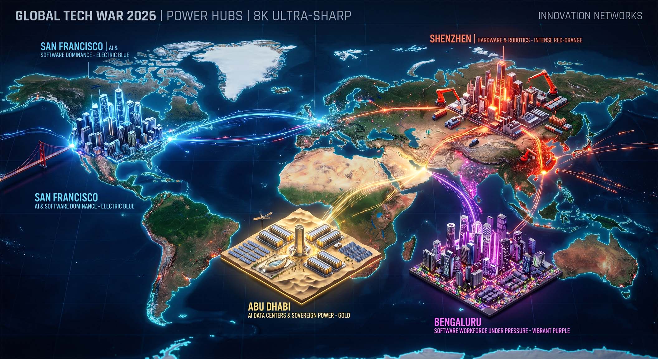 2026 global tech hubs map showing Silicon Valley, Shenzhen, Abu Dhabi and Bengaluru innovation networks