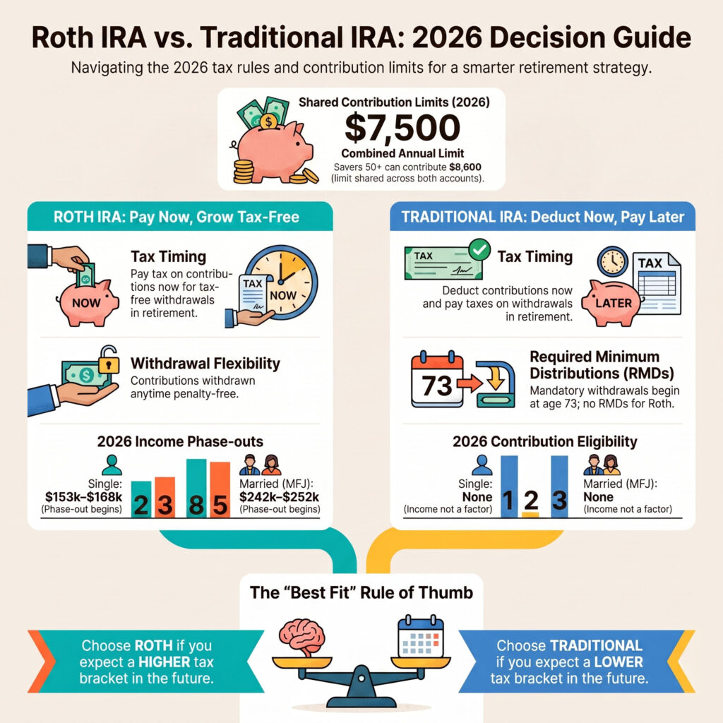 Roth IRA vs Traditional IRA 2026 rules and limits infographic