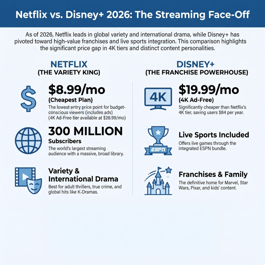 Netflix vs Disney+ 2026 price and features infographic