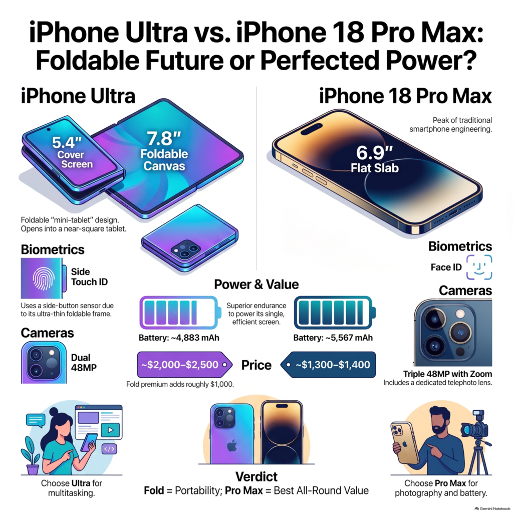 iPhone Ultra vs iPhone 18 Pro Max specs comparison infographic