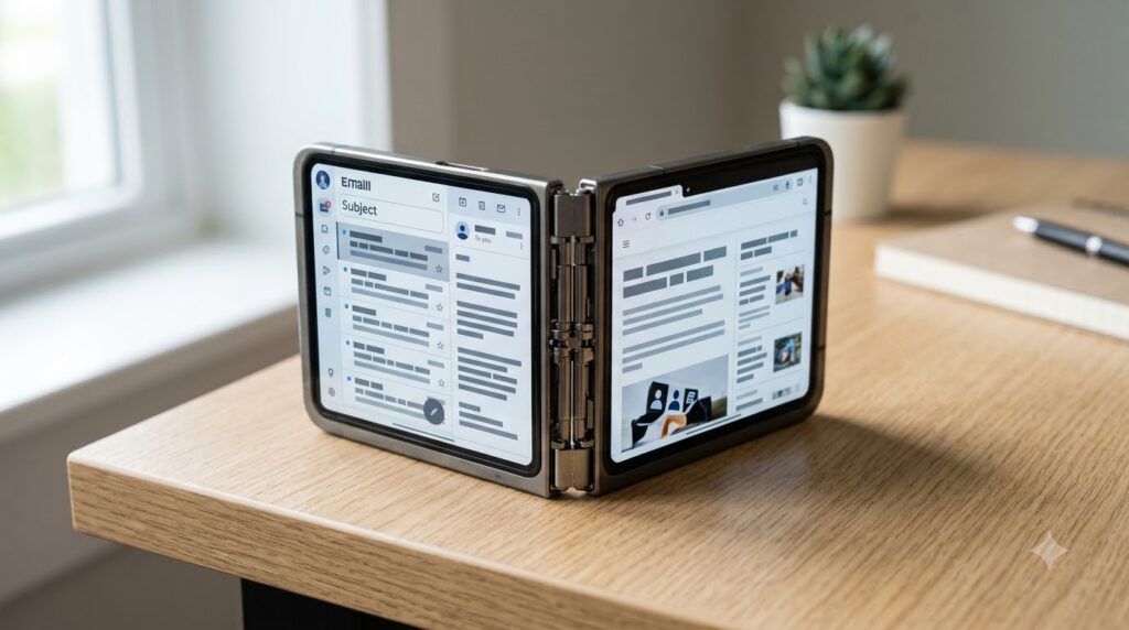 Foldable iPhone Ultra open showing large inner multitasking screen