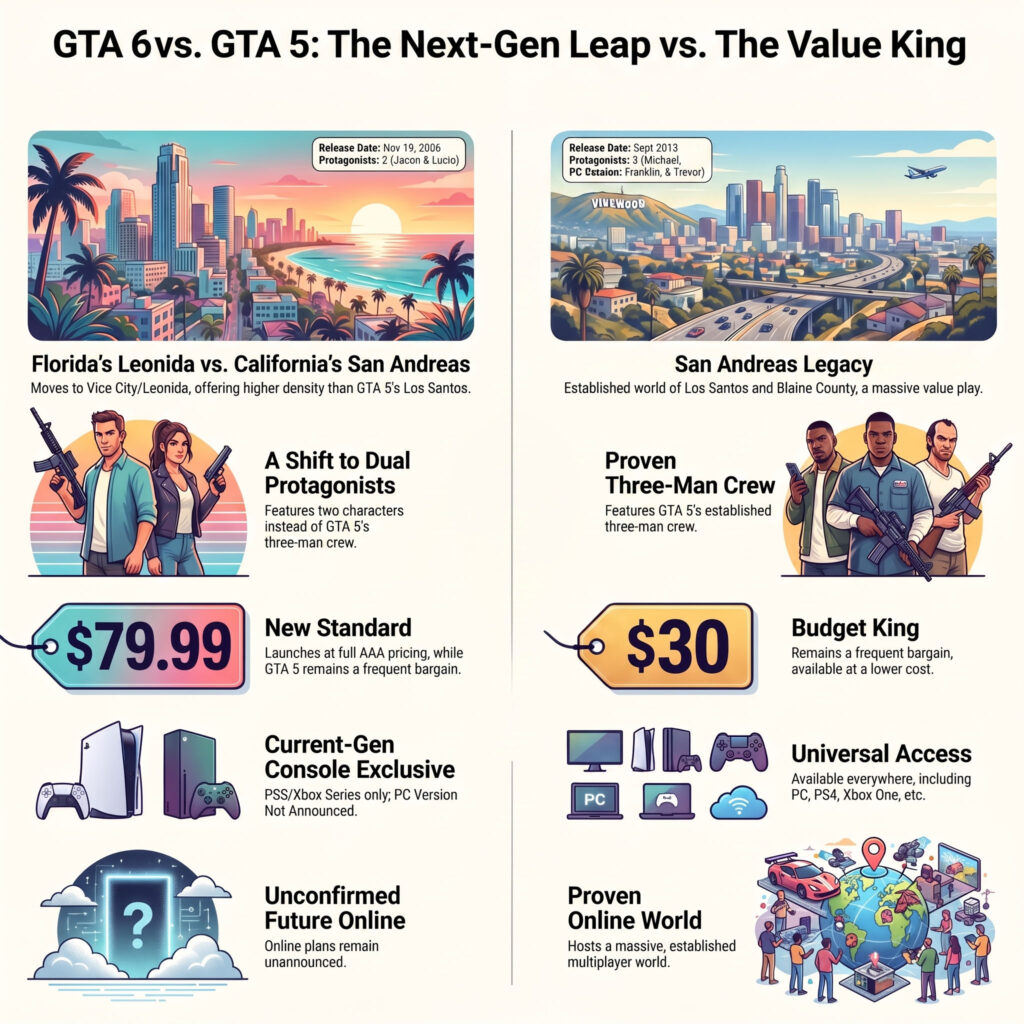 GTA 6 vs GTA 5 features and price comparison infographic