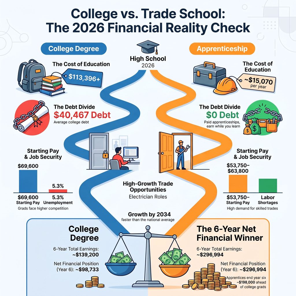 College vs trade school 2026 cost, debt and earnings comparison infographic