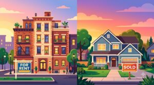 Rent vs buy in 2026 illustration comparing an apartment and a house