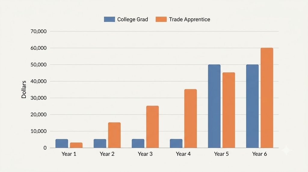 Chart comparing college grad and trade apprentice earnings over 6 years