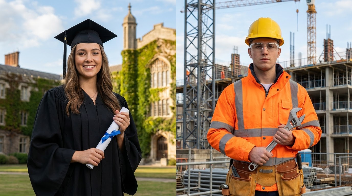 College vs trade school in 2026 photo comparing a graduate and a tradesperson